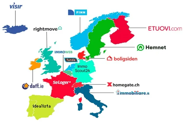 Pays européens avec le logo d'un site immobilier leader